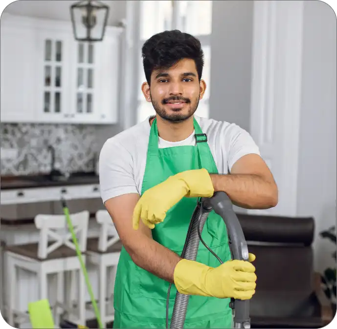 Male cleaning professional with vacuum cleaner in a modern Australian kitchen — Busy B Cleaning’s expert bond cleaning and carpet cleaning services